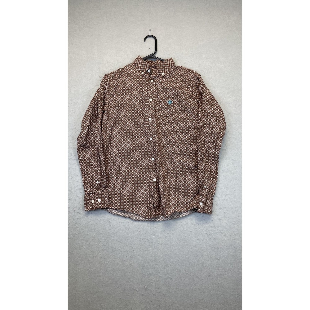Ariat Shirt Boys XL/18 Brown White Floral Button Down Long Sleeve Western‎ Logo